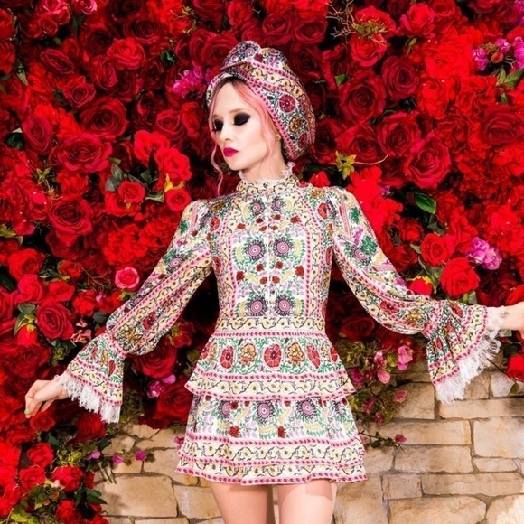 Alice + Olivia Dress Lawson Floral Buttoned Mini Flower Pot Ecru Multi 4 EUC - Picture 1 of 11